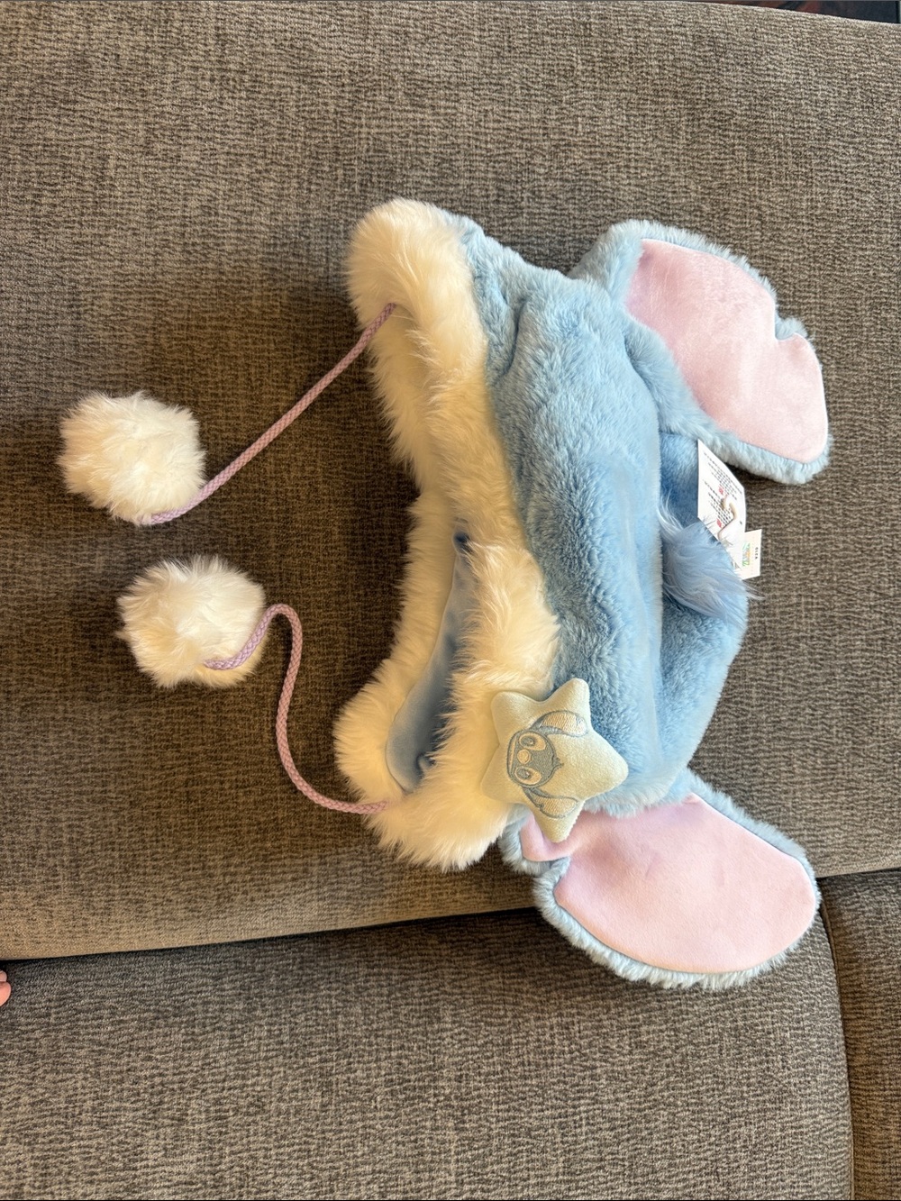 Disney Light Blue Elephant Plush Hat with Pink Ears and White Fur Trim